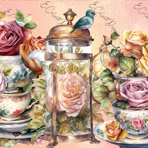 PACCHETTO E RISPARMIA 3,96 4 Digitali per Decoupage Carta di Riso Fiaba Fantasia Magica Scarica Tazze da tè ad acquerello Tea Party Floreale