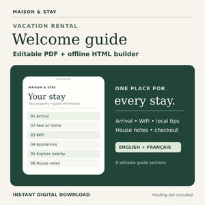 Mobile Vacation Rental Welcome Guide, Editable PDF + Offline HTML Builder, English/français