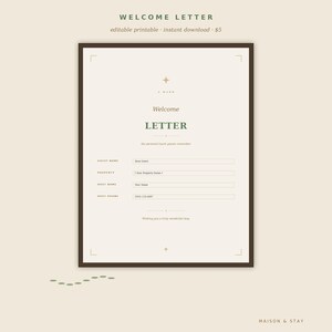Peut inclure: Un modèle de lettre de bienvenue imprimable avec une bordure marron foncé sur fond crème. Le texte indique WELCOME LETTER, Welcome, the personal touch guests remember, Guest Name, Property, Host Name, Host Phone, et Wishing you a truly wonderful stay.