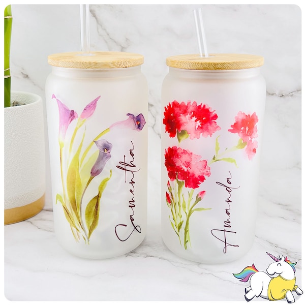 Personalized Birth Flower Coffee Cup With Name ,Personalized Birth Flower Glass Tumbler, Bridesmaid Proposal, Gifts for Her, Party Favor.