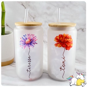 Personalized Birth Flower Coffee Cup With Name ,Personalized Birth Flower Glass Tumbler, Bridesmaid Proposal, Gifts for Her, Party Favor.