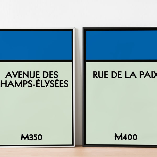 Set of 2 Monopoly Art Print, New Home Gift, Street Name Wall Art, AV.Des Champs-Elysees, Rue De La Paix, Poster, Digital Art, modern art.