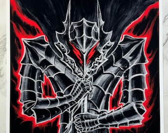 May include: A black and white illustration of a character from the anime Berserk. The character is wearing a full suit of armor and holding a large sword. The character's face is obscured by the helmet, but their red eyes are visible. The background is black with red flames.