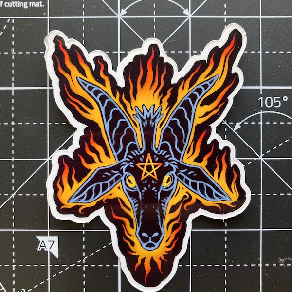 Fiery Baphomet Sticker, Wiccan Occult Waterproof Vinyl Sticker, Witchy Satanic Pagan Halloween Decoration for Laptops, Waterbottles, Tablets