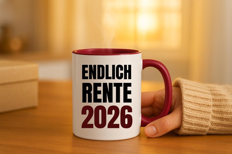 May include: A white ceramic mug with a burgundy interior and handle. The mug features the text "ENDLICH RENTE 2026" in black and burgundy. Steam rises from the mug, suggesting a hot beverage. The mug is held by a person.
