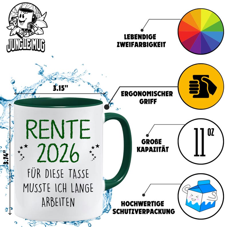 Pu&ograve; includere: Tazza in ceramica bianca con interno e manico verdi. La tazza presenta la scritta "RENTE 2026" in verde, insieme a testo in tedesco. La tazza ha un diametro di 8 cm e un'altezza di 9,5 cm, con una capacit&agrave; di 325 ml.