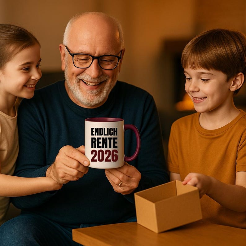 May include: A white coffee mug with a burgundy interior and handle, featuring the text "ENDLICH RENTE 2026" in black and burgundy. The mug is held by a person wearing glasses, with two children smiling nearby. The mug is a retirement gift.