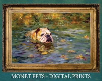 May include: A painting of a white bulldog swimming in a pond with fall leaves. The water is a vibrant blue and green with hints of yellow and orange. The bulldog is looking to the right of the frame. The painting is framed in a gold frame.