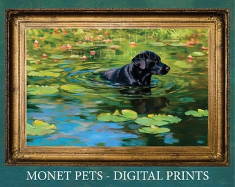 Black Lab Labrador Retriever Digital Download - Printable Poster - Owner, Dog Lover, Mourning Gift - Monet Inspired - Vintage Art Decor