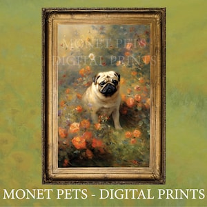 Pug Floral Painting Digital Download - Printable Poster - Owner, Dog Remembrance Gift - Monet Vintage Art Decor