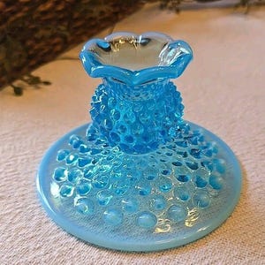 Gorgeous! Vintage Fenton Candle Holder Blue Glass Hobnail Cottagecore Candle