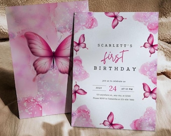 Roze vlinder verjaardagsuitnodiging, vlinderuitnodiging, tinten roze verjaardagsuitnodiging, eerste verjaardagsuitnodiging, feestvarken Evite