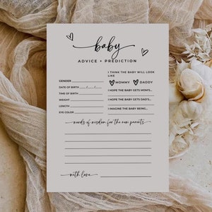 Modern babyshoweradvies, kaart babyshower, babyshowerspelletjes, babyvoorspellings- en advieskaart, babyshowerfeestspellen, babytrivia