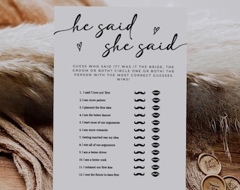 Puede incluir: Una tarjeta de juego de boda con el texto "he said she said" en escritura elegante. La tarjeta incluye una lista de afirmaciones y espacios para circular respuestas, con gráficos de bigotes y labios. También hay un sello y sellos de cera dorados.