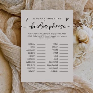 Finish Brides Phrase Bridal Shower Activity, Wedding Party Game, Bridal Shower Game, Bridal Trivia Game, Bridal Shower Printable