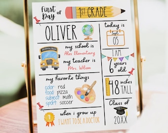 Printbaar sjabloon voor de eerste schooldag van de kleuterschool, mijlpaalbord voor de start van het schooljaar, aandenken, gepersonaliseerd sjabloon voor in de klas.