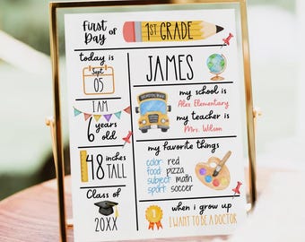 Custom Back To School Sign First Day of School  Personalized Kindergarten Template Classroom Printable Milestone Keepsake Sign Student