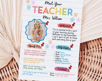 Printbare kennismakingsbrochure voor de leerkracht aan het begin van het schooljaar, sjabloon voor kennismaking met de leerkracht, brief aan de leerkracht, printbare introductie van de leerkracht