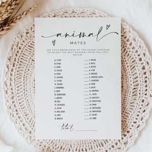 Animal Mates Bridal Shower Game, Bridal Shower Trivia, Bridal Party Game, Wedding Trivia Game, Bridal Shower Printable, Bridal Shower Bundle