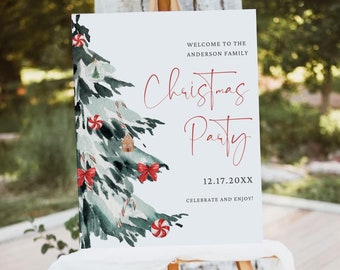 May include: A white sign on a wooden easel with the words "Christmas Party" in red script. A watercolor Christmas tree design with candy canes, bows, and ornaments decorates the left side. The sign also includes the date 12.17.20XX and the phrase "Celebrate and Enjoy!"