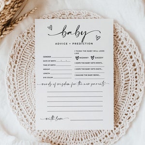 Voorspelling en advieskaart baby, afdrukbare babyadvieskaart, babyshowervoorspelling, babyshoweradvies, babyshowerspelletjes en weetjes