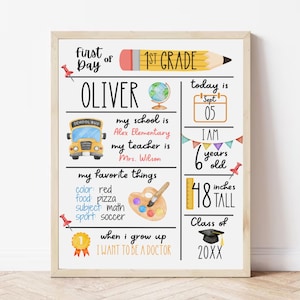 May include: A framed, personalized first day of school sign with the name "Oliver" at the top. The sign includes a school bus graphic, a globe, and a calendar. It states the child is 6 years old and 48 inches tall. The sign also lists favorite things.