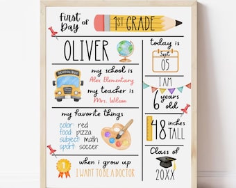 Terug naar school-bordje, printbaar aandenken voor de eerste schooldag, gepersonaliseerd sjabloon voor de kleuterschool, printbaar voor in de klas.
