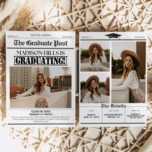 新聞卒業招待状、卒業発表 2025、卒業パーティー招待状、大学卒業、卒業式の装飾、卒業式テンプレート