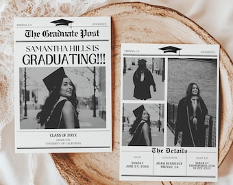 Newspaper Graduation Party Invite, Graduation Invitation, Graduation Decorations, Graduation Announcement, Graduation Announcement Template