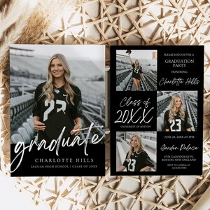May include: Black and white graduation party invitation featuring a photograph of a graduate wearing a black jersey with the number 23. The invitation includes the graduate's name, the date and time of the party, and the venue. The text "Class of 20XX" is written in a white cursive font.