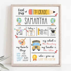 Puede incluir: Un cartel enmarcado para el primer día de primer grado con un lápiz amarillo, globos terráqueos, un autobús escolar y una paleta de pintura. El texto incluye el nombre Samantha, 6 años, 122 cm, nombre de la escuela, profesor y cosas favoritas.