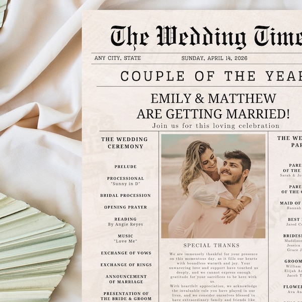 Wedding Newspaper, Wedding Program, Wedding Crossword, Wedding Timeline, Wedding Itinerary, Wedding Invitation, Wedding Program Template