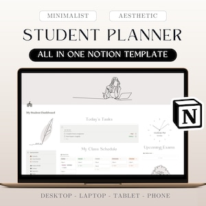 All-In-One Student Notion Planner, Notion Template, Notion Aesthetic, College Notion, Notion Dashboard, Student Notion, Digital Planner