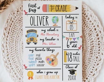Printbaar bord voor de eerste schooldag, bord voor de start van het schooljaar, aandenken aan een mijlpaal, gepersonaliseerd sjabloon voor de kleuterklas.