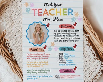 Printbaar introductiebord voor de leerkracht, printbare biografie van de leerkracht voor de start van het schooljaar, sjabloon voor een kennismakingsbrief met de leerkracht