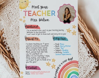 Printbare introductiepagina voor leerkrachten aan het begin van het schooljaar, sjabloon voor kennismaking met de leerkracht in de klas, leerkrachtbrief, mededelingenbord voor kennismaking met de leerkracht