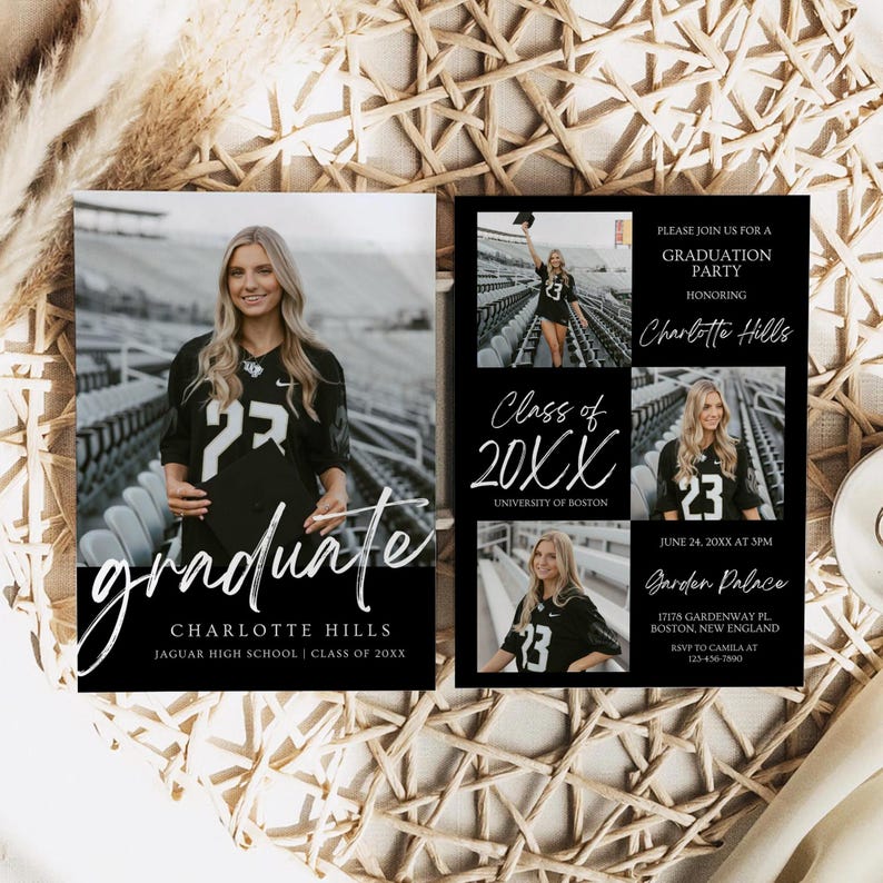 May include: Black and white graduation party invitation featuring a photograph of a graduate wearing a black jersey with the number 23. The invitation includes the graduate's name, the date and time of the party, and the venue. The text "Class of 20XX" is written in a white cursive font.