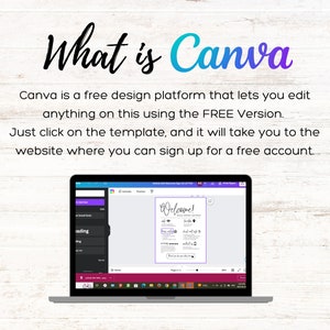 K&ouml;nnte beinhalten: Ein Laptop-Bildschirm zeigt die Canva-Website mit dem Text "What is Canva" und einer Beschreibung der Plattform als kostenloses Design-Tool. Der Bildschirm zeigt eine Willkommens-Schildvorlage mit dem Text "Welcome!" in einer handschriftlichen Schriftart.