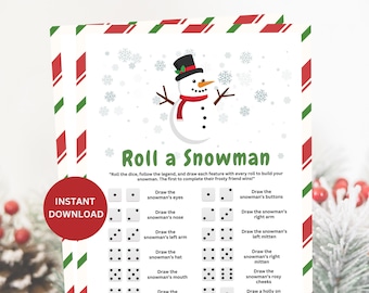 Roll A Dice Snowman Printable Christmas Game, Christmas Party Games, Christmas Snowman Dice Kids Adult Games, Christmas Trivia Quiz Activity