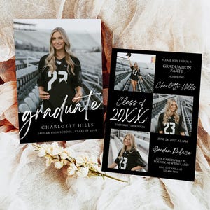 May include: Black and white graduation party invitation featuring a photo of a woman wearing a jersey with the number 23. The invitation includes the text "Class of 20XX", "Charlotte Hills", "Jaguar High School", "University of Boston", "Garden Palace", "June 24, 20XX at 3PM", "17178 Gardenway Pl, Boston, New England", and "RSVP to Camila at 123-456-7890".