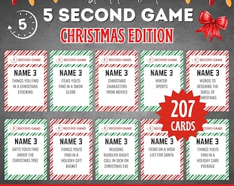 May include: A Christmas-themed card game with a dark gray background. The game includes cards with prompts like "Name 3 Things You'd Find in a Christmas Stocking." The set contains 207 cards and is labeled as a "5 Second Game."