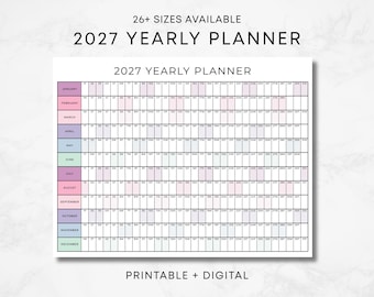 2027 Year Planner Printable, Pastels Yearly Planning Calendar, Large Wall Calendar Poster Digital, 2027 Calendar Planner, Year At A Glance