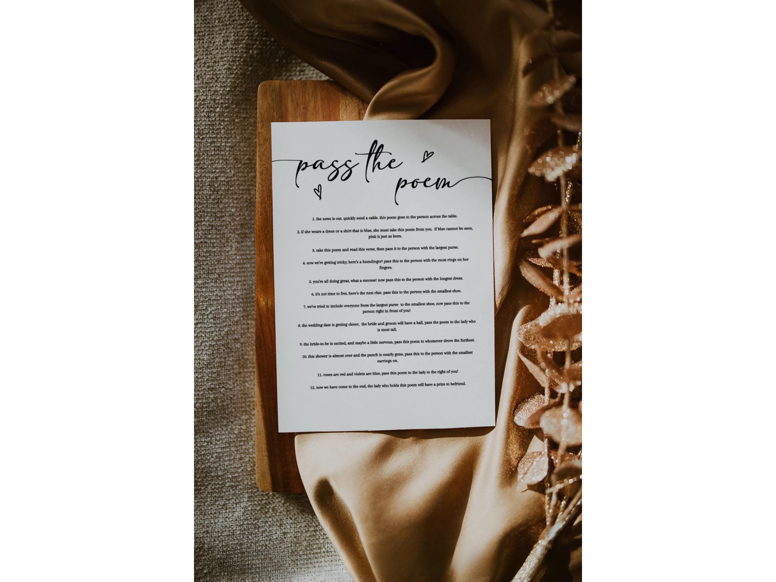 Pass the Poem Bridal Shower Game Card, Bridal Shower Trivia Game ...
