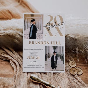 May include: A graduation party invitation featuring a photograph of the graduate wearing a cap and gown. The invitation is white with gold text and a gold number 20. The text reads "Graduate", "Brandon Hill", "Sunday, June 24, at 9 AM", "12341 Anywhere St., Any City", and "Please RSVP to Sierra at 111-222-3344".