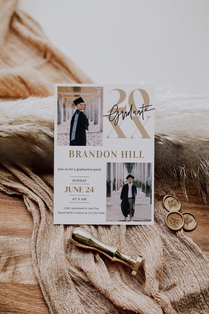 May include: A graduation party invitation featuring a photograph of the graduate wearing a cap and gown. The invitation is white with gold text and a gold number 20. The text reads "Graduate", "Brandon Hill", "Sunday, June 24, at 9 AM", "12341 Anywhere St., Any City", and "Please RSVP to Sierra at 111-222-3344".