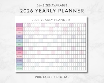 2026 Jahresplaner druckbar, Pastellfarben Jahresplaner, großer Wandkalender Poster Digital, Kalenderplaner 2026, das Jahr auf einen Blick