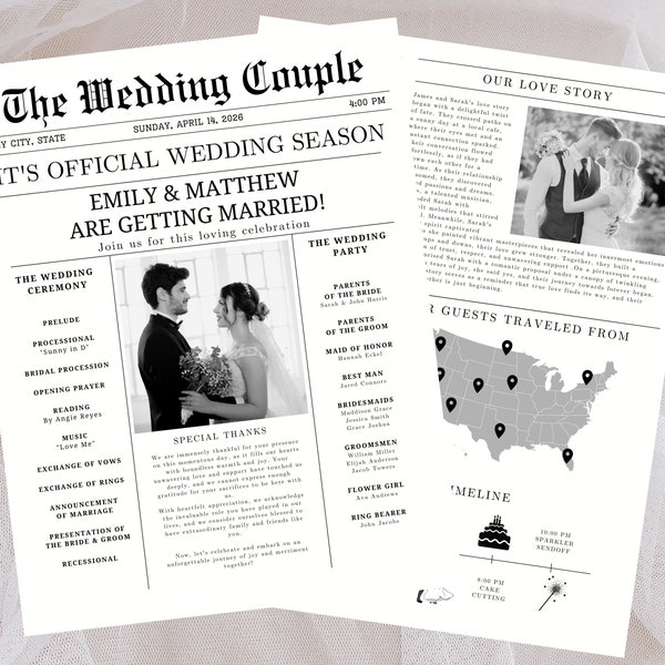 Wedding Program Template, Wedding Newspaper, Wedding Program, Wedding Itinerary, Wedding Crossword, Wedding Invite Template,Wedding Timeline
