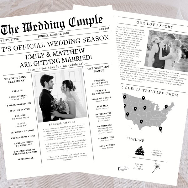 Wedding Itinerary Newspaper Template Etsy