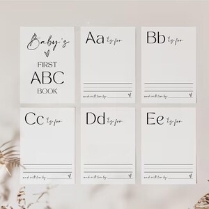 May include: A set of six blank cards with a simple black and white design. Each card features a letter of the alphabet, the word "for", and a line for writing. The cards are titled "Baby's First ABC Book".