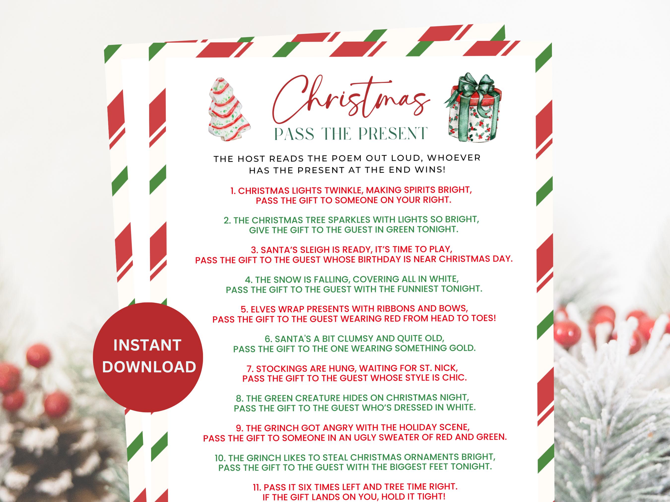 christmas pass the present poem printable game, holiday gift swap
